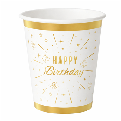 Altın Varak Baskılı Happy Birthday Karton Bardak (6'lı Paket)
