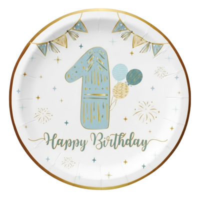 Altın Varak Baskılı Mavi 1 Yaş Karton Parti Tabağı (23 cm – 6'lı Paket)