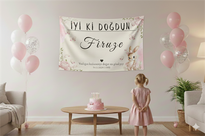 Kişiselleştirilebilir Tavşan Figürlü Doğum Günü Duvar Örtüsü