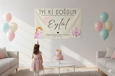Kişiselleştirilebilir Prenses Temalı Doğum Günü Duvar Örtüsü