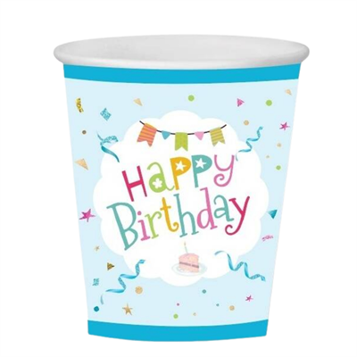 Mavi Renkli Happy Birthday Karton Bardak (8'li Paket)