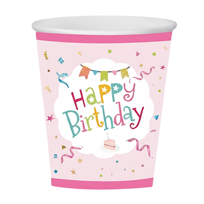 Pembe Renkli Happy Birthday Karton Bardak (8'li Paket)
