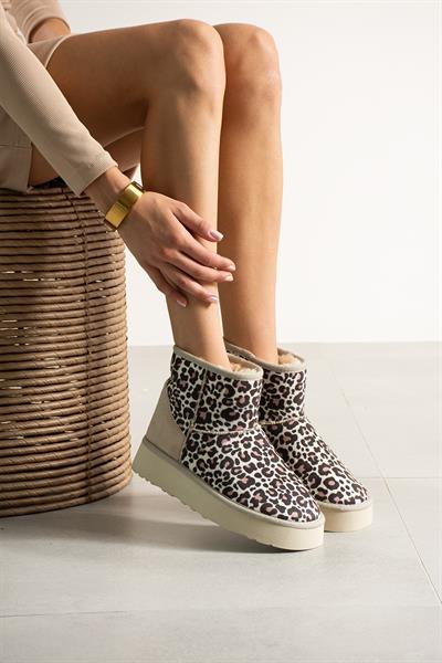 Mini Bej Leopar Desen Süet İçi Peluşlu Kalın Taban Kadın Bot