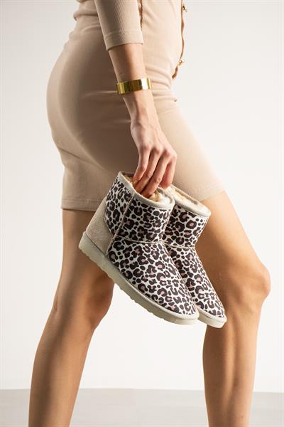 Mini Bej Leopar Desen Süet İçi Peluşlu Düz Taban Kadın Bot