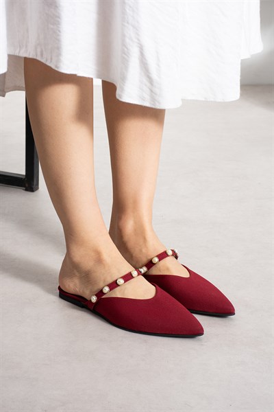 Pearl Bordo Mat Saten İnci Detaylı Terlik