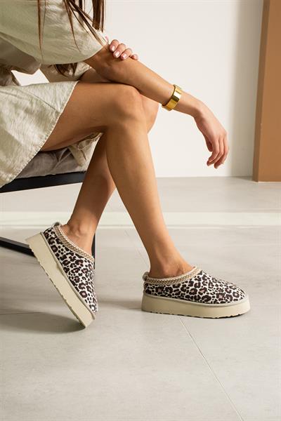 Ultra II Bej Leopar Desen Süet İçi Peluşlu Kalın Taban Kadın Bot
