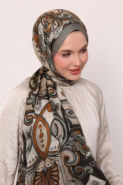 Desenli İpek Şal | Açık Haki