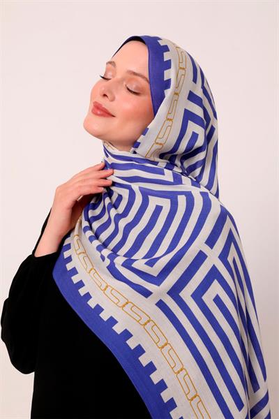 Desenli İpek Şal | Ay Mavisi