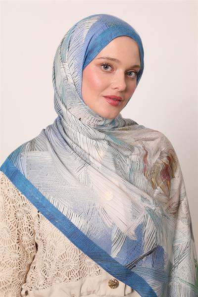 Desenli İpek Şal | Ay Mavisi
