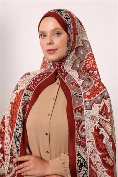 Desenli İpek Şal | Bordo