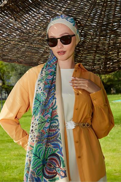 Desenli İpek Şal Ekru