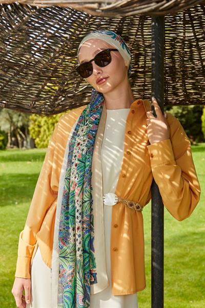 Desenli İpek Şal Ekru