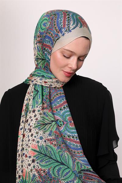 Desenli İpek Şal Ekru