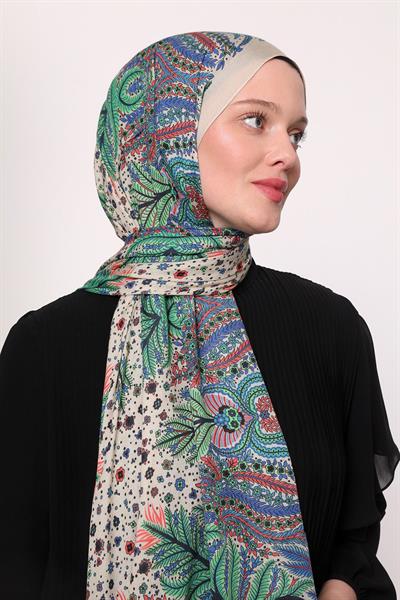 Desenli İpek Şal Ekru