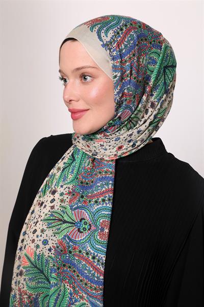 Desenli İpek Şal Ekru