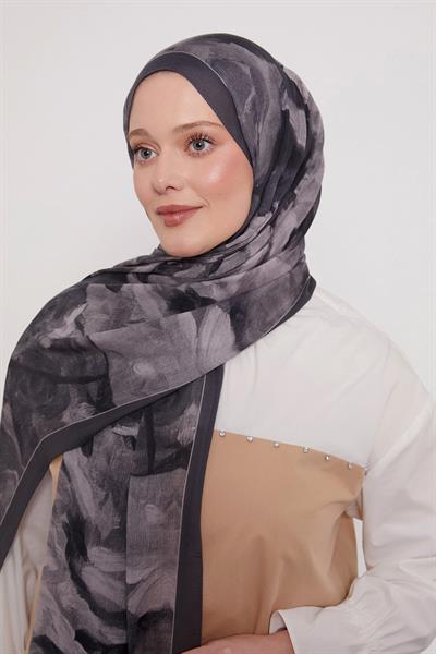 Desenli İpek Şal | Gece Antrasiti