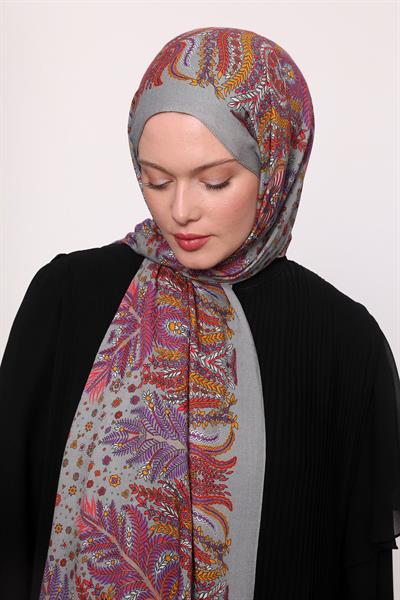 Desenli İpek Şal Gri Bordo