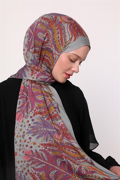 Desenli İpek Şal Gri Bordo