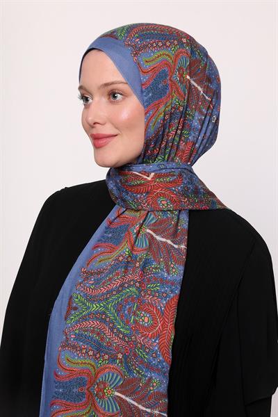 Desenli İpek Şal İndigo Çiçek