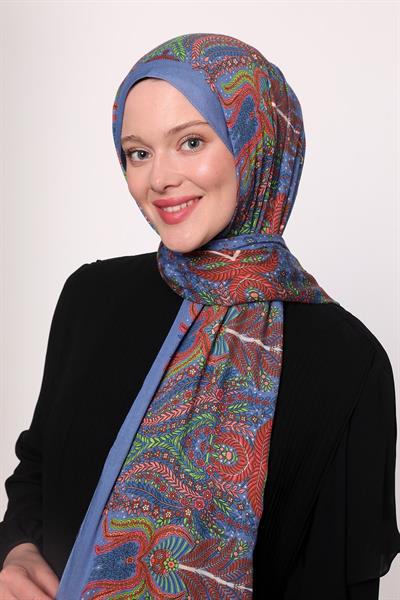 Desenli İpek Şal İndigo Çiçek