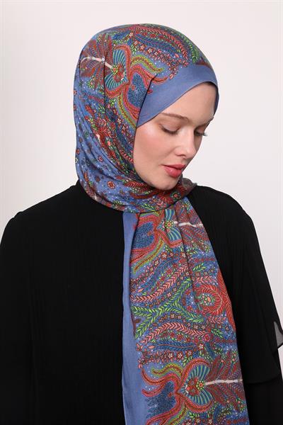 Desenli İpek Şal İndigo Çiçek