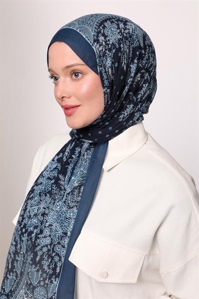 Desenli İpek Şal İndigo