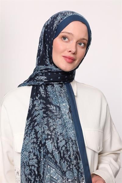 Desenli İpek Şal İndigo