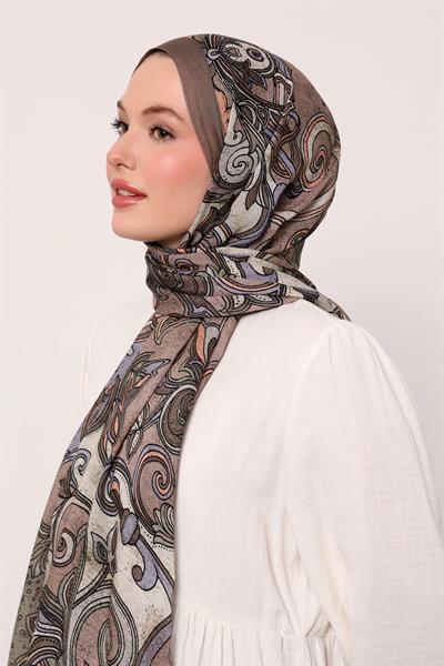 Desenli İpek Şal | Kahverengi