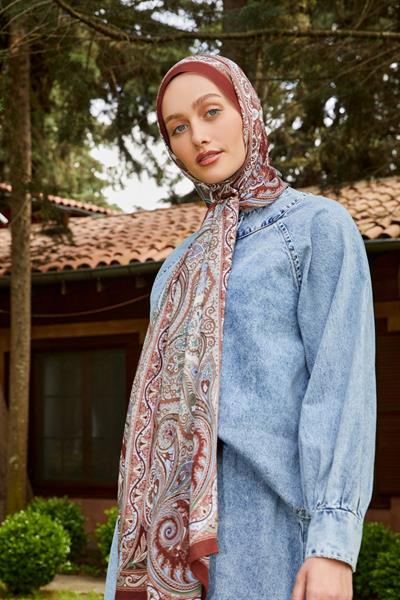 Desenli İpek Şal Kiremit