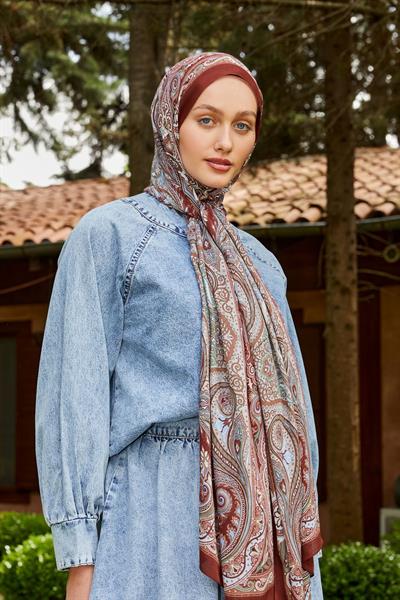 Desenli İpek Şal Kiremit