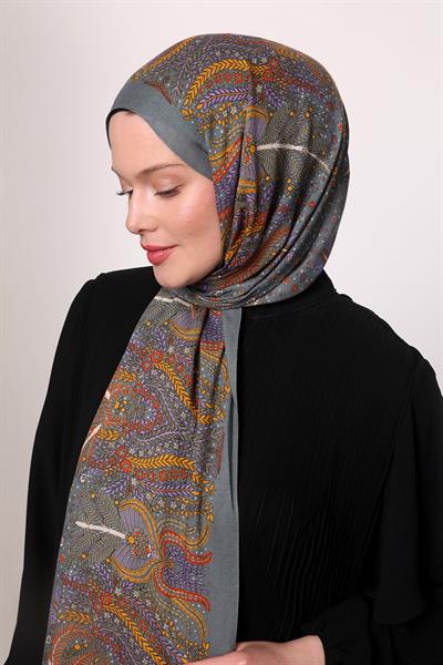 Desenli İpek Şal Koyu Gri