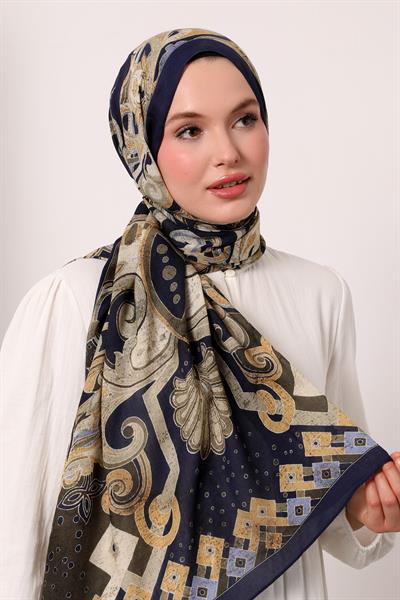 Desenli İpek Şal | Lacivert