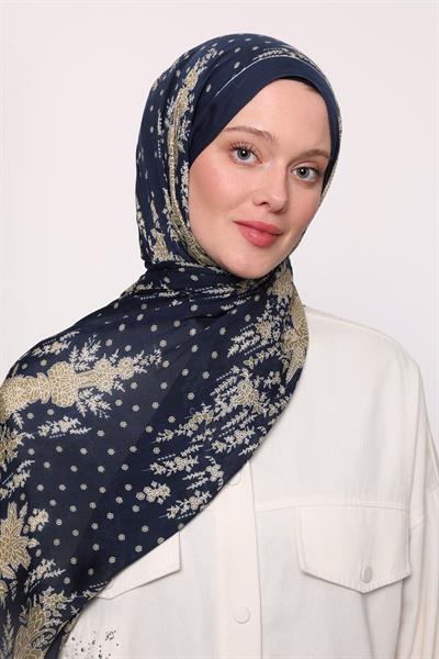 Desenli İpek Şal Lacivert Gold