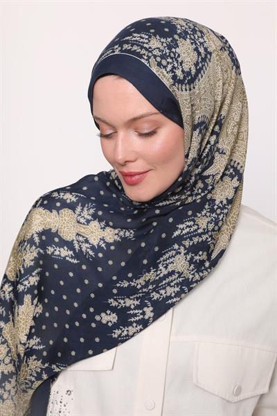 Desenli İpek Şal Lacivert Gold