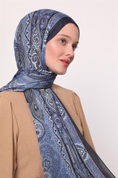Desenli İpek Şal Mavi