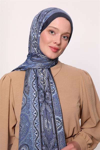 Desenli İpek Şal Mavi