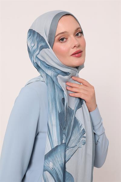 Desenli İpek Şal | Pastel Mavi