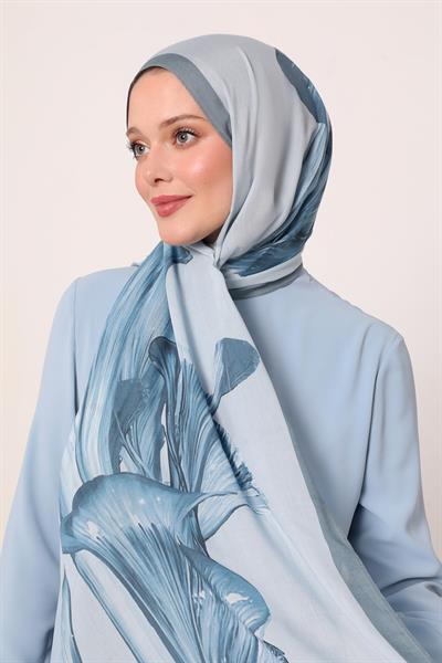 Desenli İpek Şal | Pastel Mavi