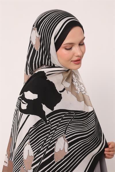 Desenli İpek Şal | Siyah