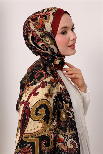 Desenli İpek Şal | Siyah-Bordo