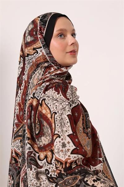 Desenli İpek Şal | Siyah-Bordo