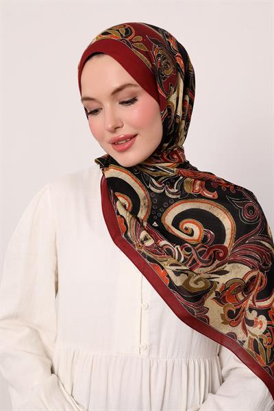 Desenli İpek Şal | Siyah-Bordo