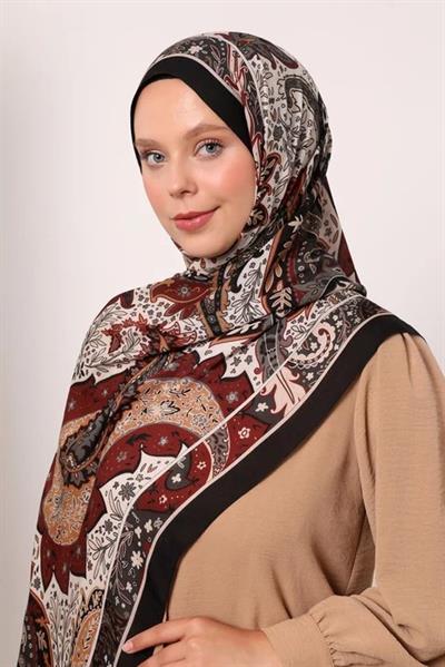 Desenli İpek Şal | Siyah-Bordo
