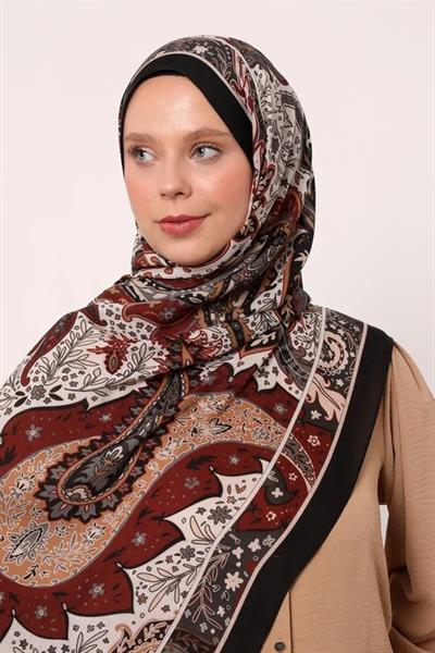 Desenli İpek Şal | Siyah-Bordo