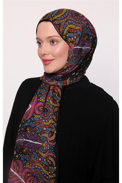 Desenli İpek Şal Siyah Çiçek