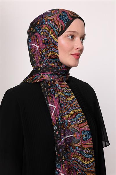 Desenli İpek Şal Siyah Çiçek