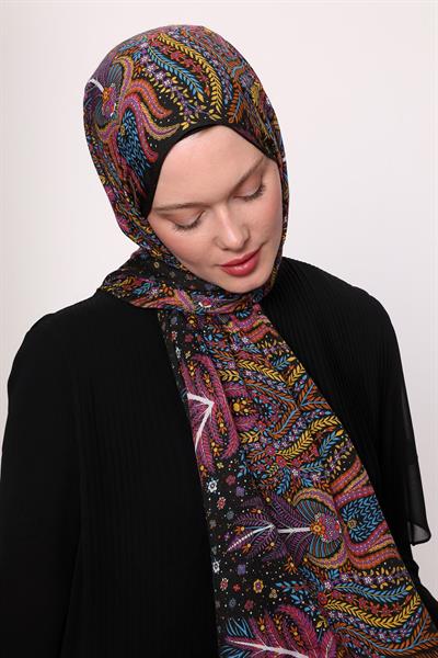 Desenli İpek Şal Siyah Çiçek