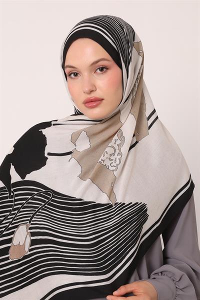 Desenli İpek Şal | Siyah