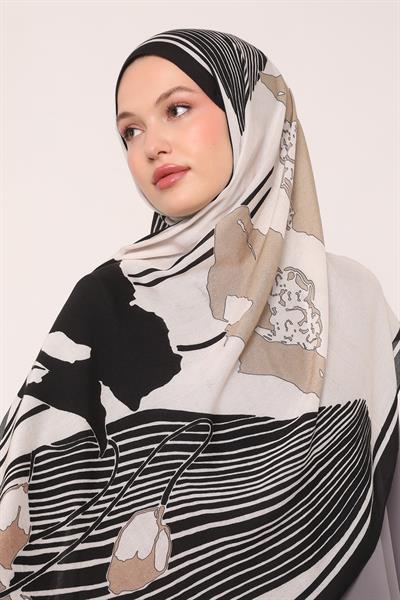 Desenli İpek Şal | Siyah