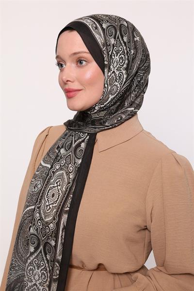 Desenli İpek Şal Siyah Vizon